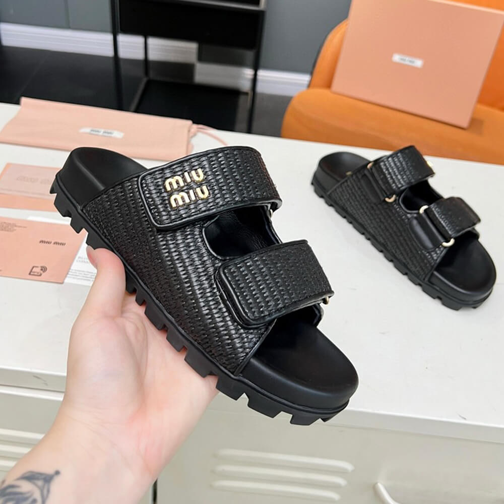 MiuMiu Raffia-effect woven fabric slides